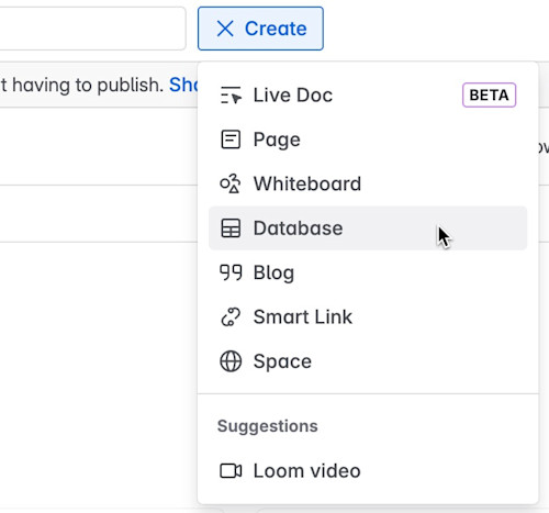 データベース オプションが選択されている作成メニュー