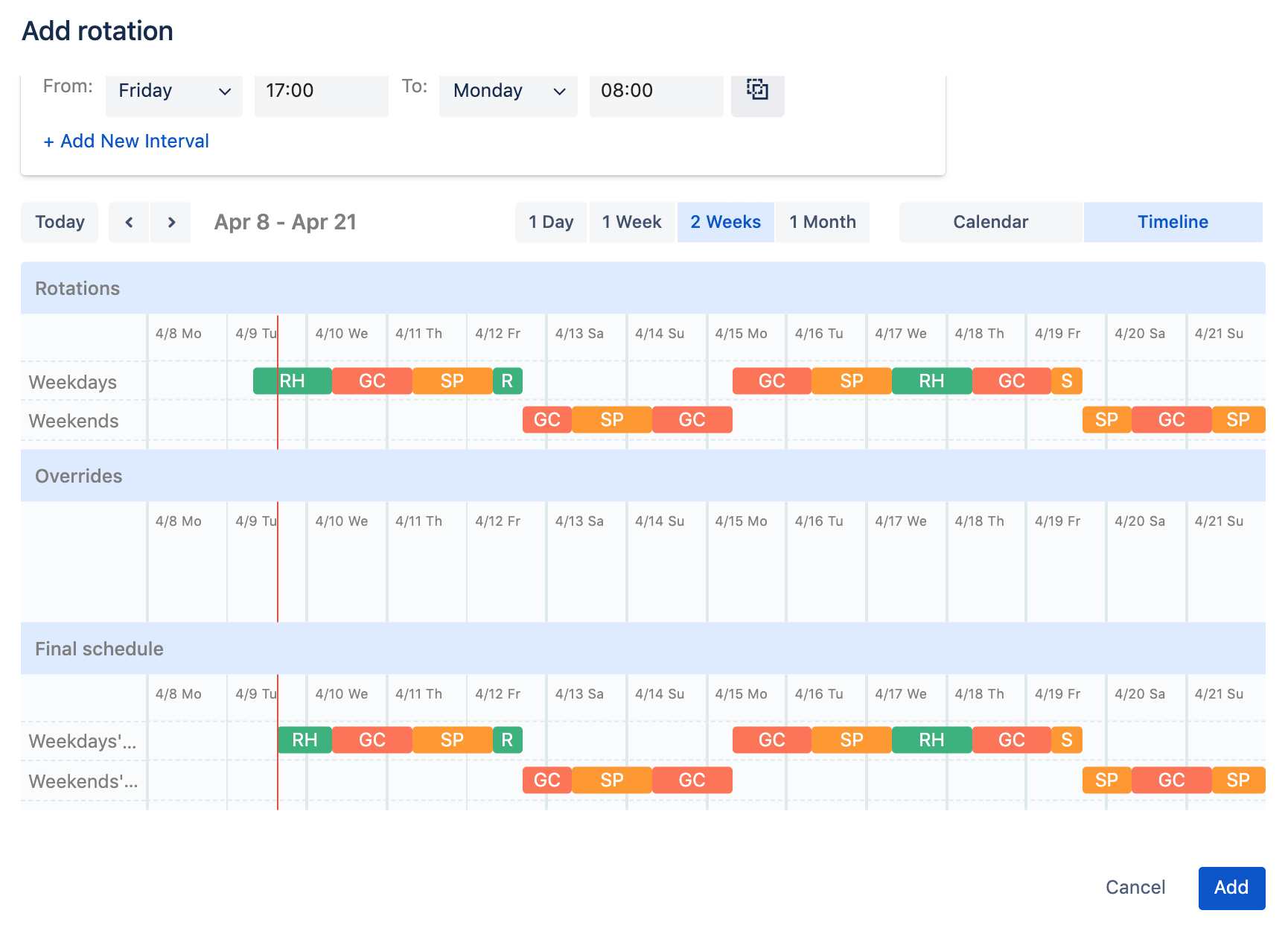 A screenshot showing a weekday and weekend rotations in Opsgenie's on-call schedule.