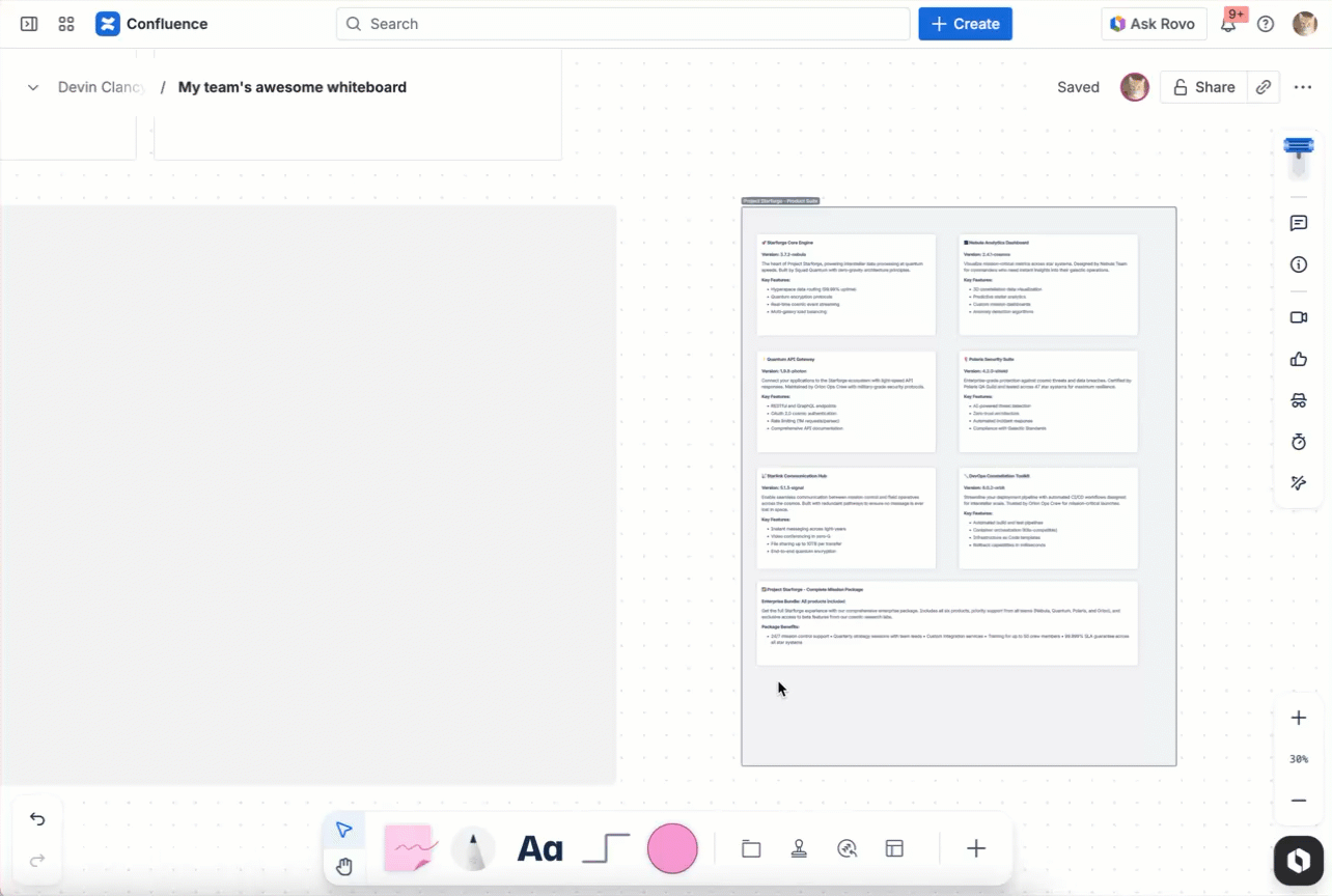 Select "Summarize" from the top right corner of a whiteboard and Atlassian Intelligence will generate a summary of it