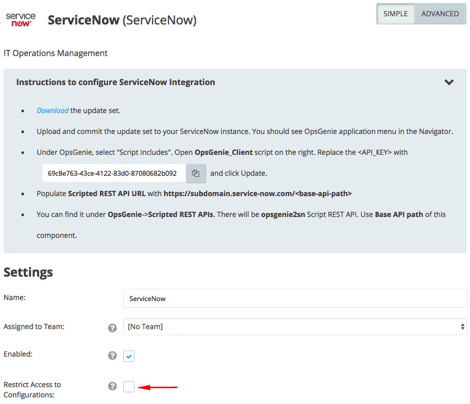 ServiceNow settings