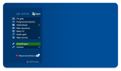 Het menu op een KPN tv met een rij opties waar je uit kan kiezen. De optie 'instellingen' is geselecteerd en kleurt groen.