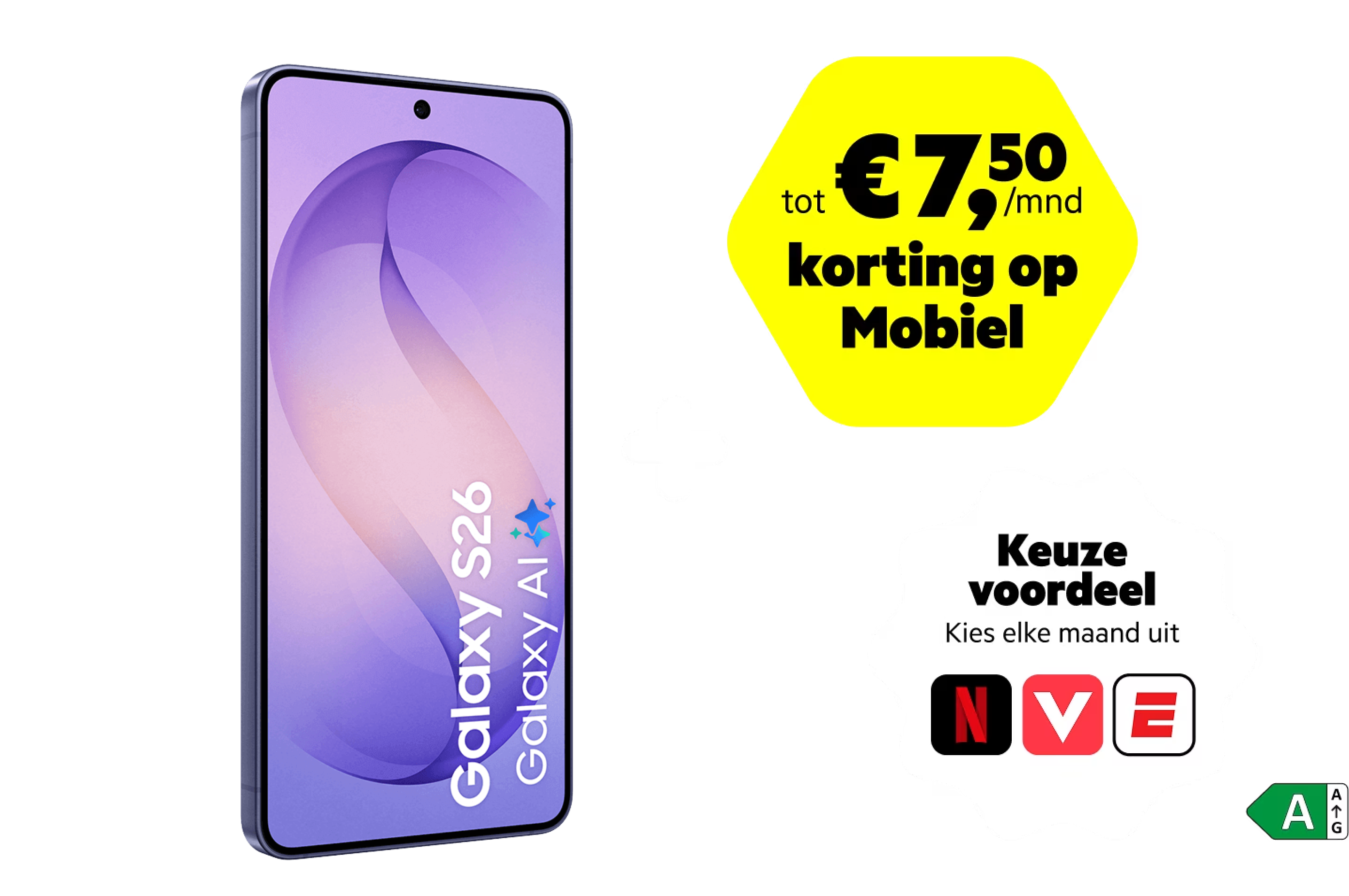 De voorkant van de paarse Galaxy S26 met groen energielabel A en keuzevoordeelstickers