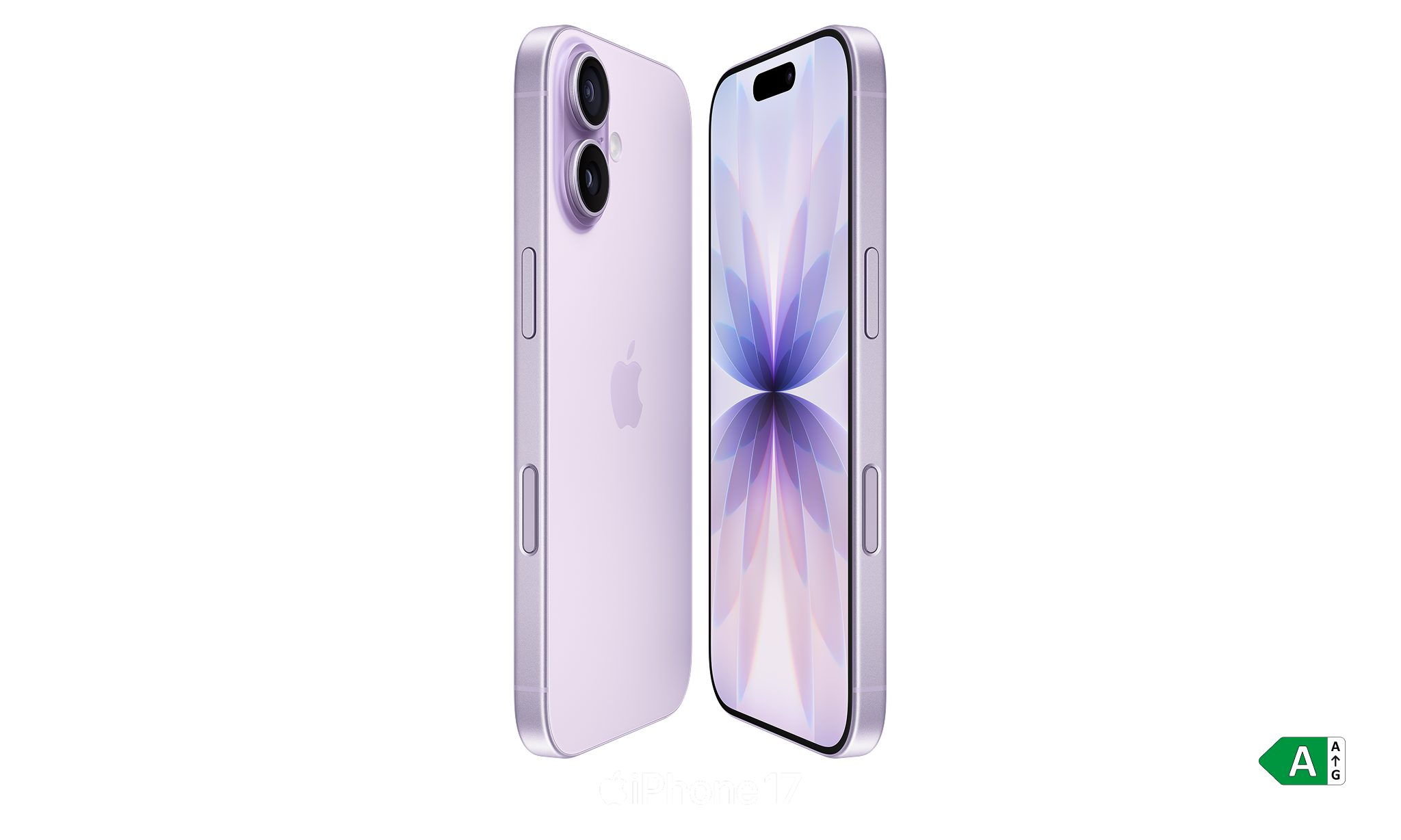 De iPhone 17 in de kleur lichtpaars met energielabel A