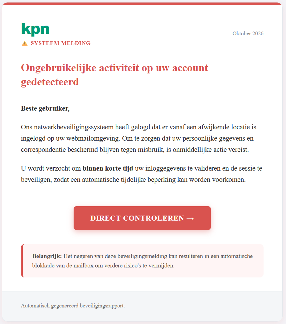 Afbeelding van phishing mail met onderwerp: Belangrijke veiligheidsupdate voor uw webmail account