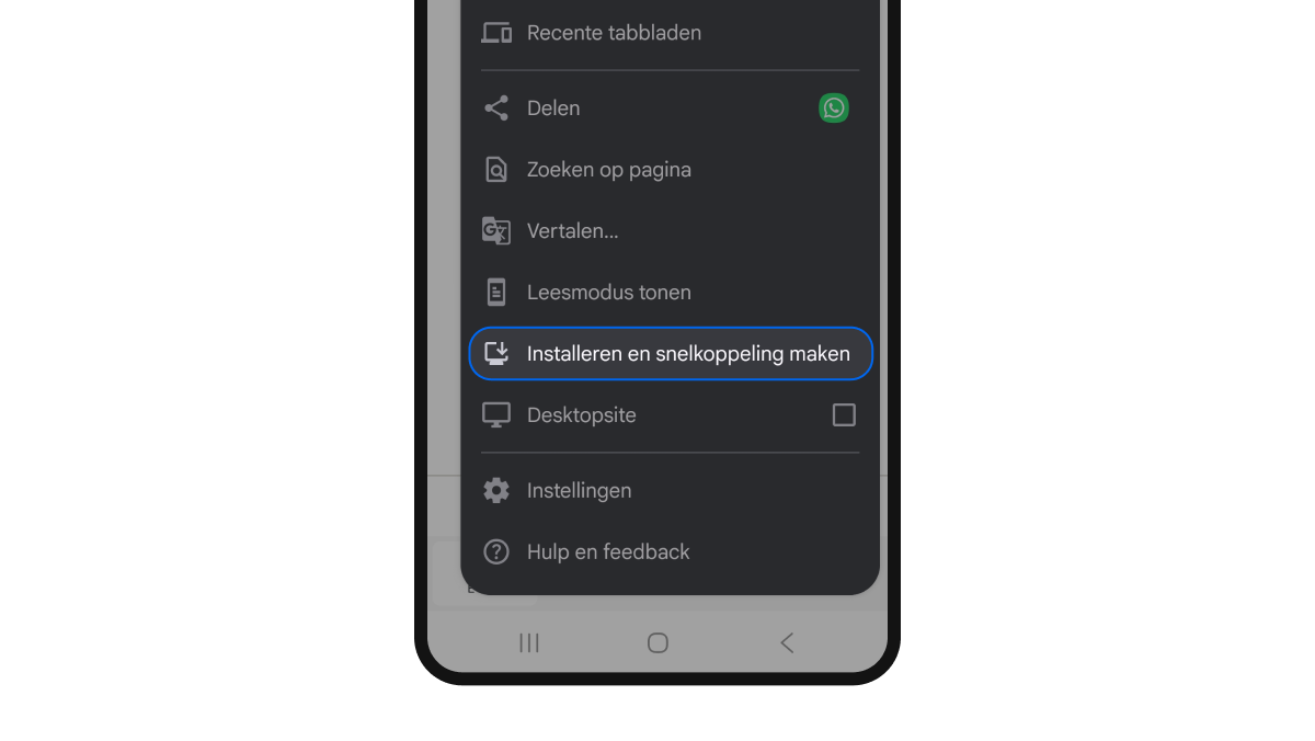 Stap 3: Installeer als een app. Tik op Installeren en snelkoppeling maken.