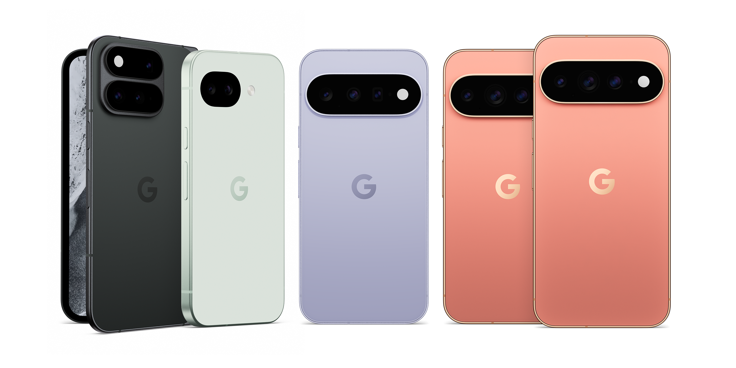 De Google Pixel 11-serie in de kleuren groen, mint, paars en oranje
