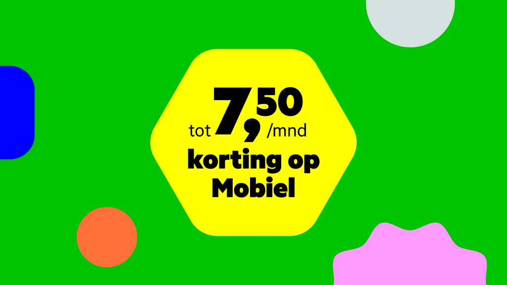 De tekst 'Tot €7,50 korting op Mobiel' afgebeeld in een gele bubbel op een groene achtergrond met anders gekleurde vormen