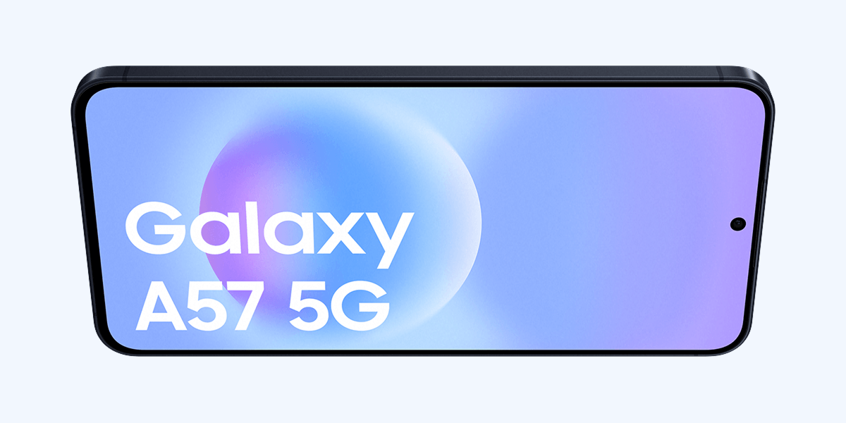 Het beeldscherm van de donkerblauwe Samsung Galaxy A57