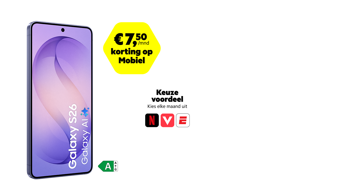 De Samsung Galaxy S26 naast combivoordeel stickers.