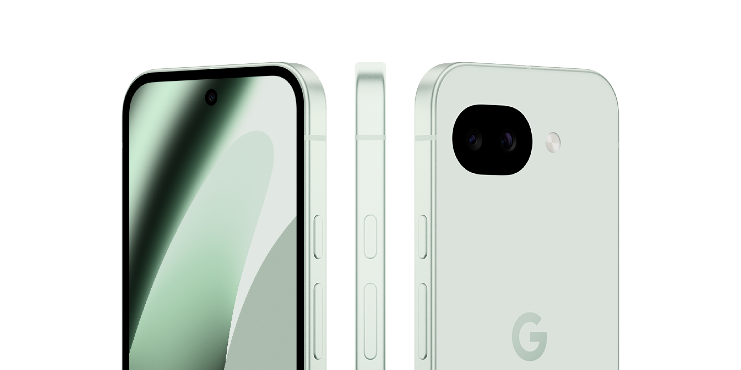 3 aanzichten die het ontwerp van de Google Pixel 10a laten zien