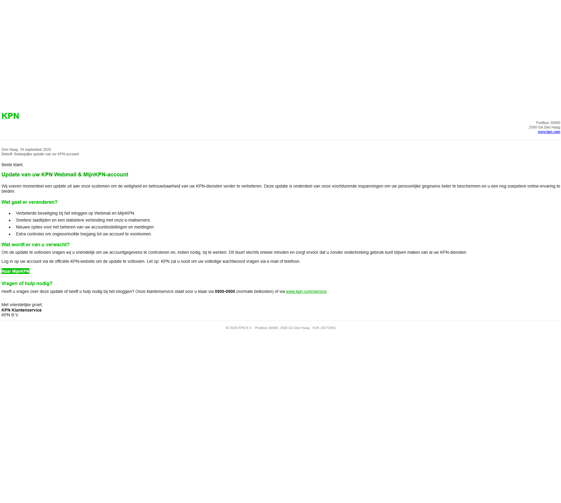 Afbeelding van phishing mail met onderwerp: Uw KPN-account - belangrijke update