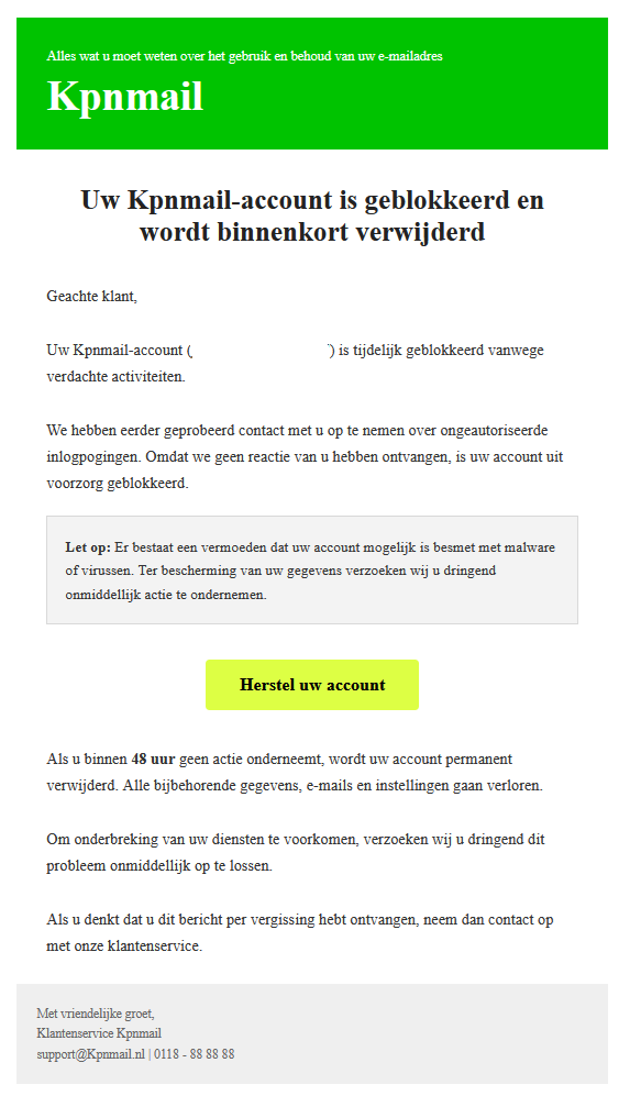 Afbeelding van phishing mail met onderwerp: Uw Kpnmail-account is geblokkeerd en wordt binnenkort verwijderd