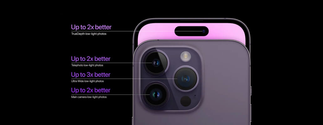 iPhone 14 Pro Max camera. TrueDepth, Telephoto, Ulta Wide, Main Camera (Low-light photos)