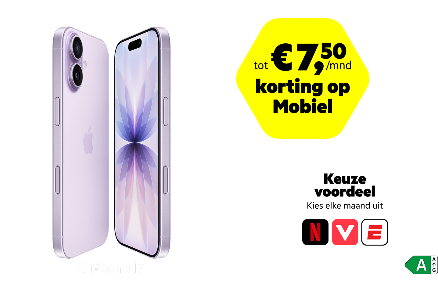 De iPhone 17 in de kleur lichtpaars met energielabel A en keuzevoordeelsticker