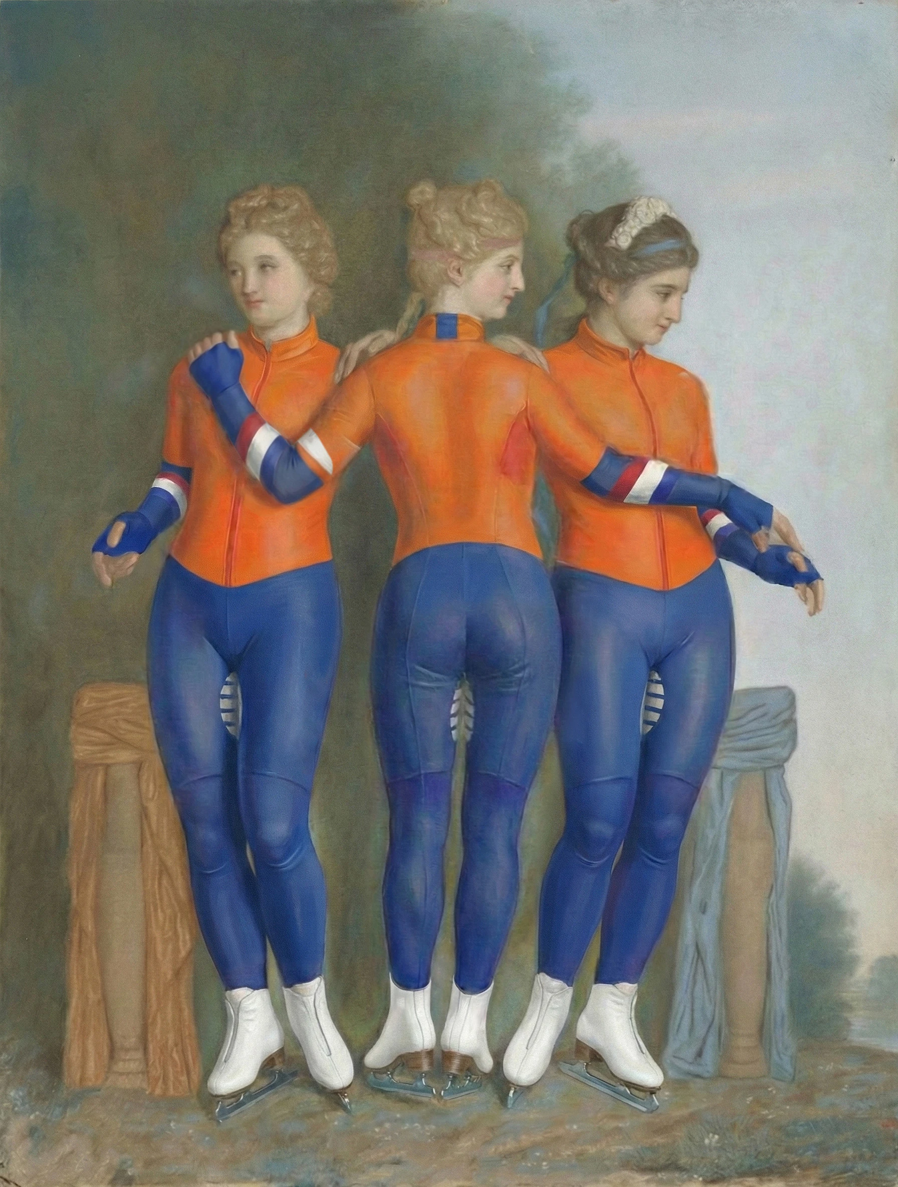 De Drie Gratiën van Jean-Etienne Liotard uit 1737 afgebeeld als sportvrouwen in schaatspakken van TeamNL en schaatsen aan hun voeten, door Marnix de Vries