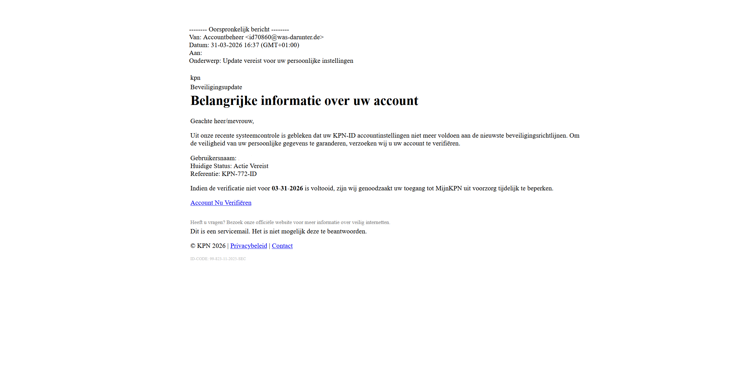 Afbeelding van phishing mail met onderwerp: "Update vereist voor uw persoonlijke instellingen"