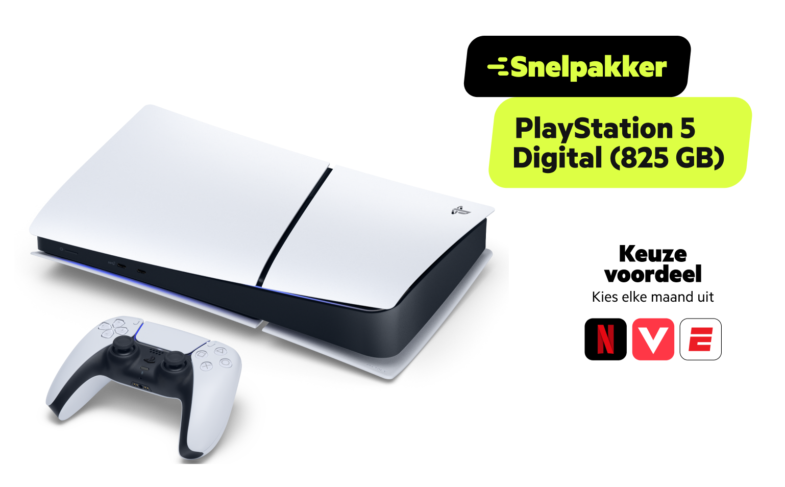 Snelpakker PlayStation 5 Slim (825 GB). Keuzevoordeel: kies elke maand uit Netflix, Videoland of ESPN Compleet (bij TV) cadeau.