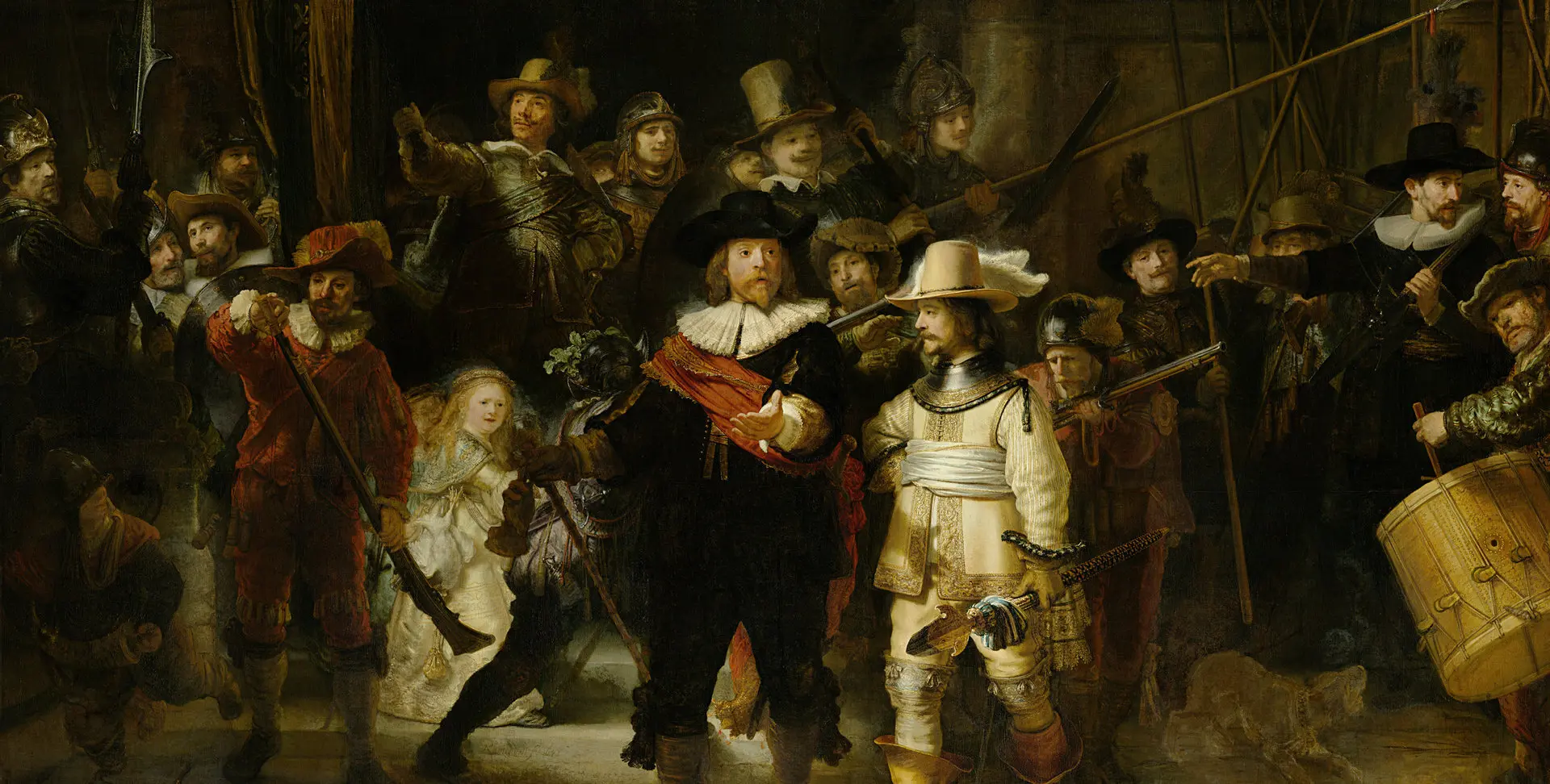 Detail van Rembrandts schilderij De Nachtwacht
