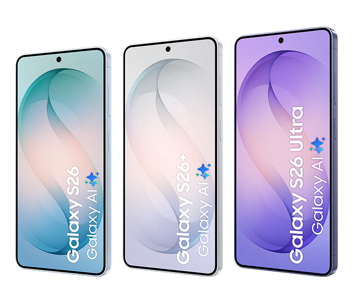 De lichtblauwe S26, de witte S26+ en de donkerpaarse S26 Ultra op een rijtje