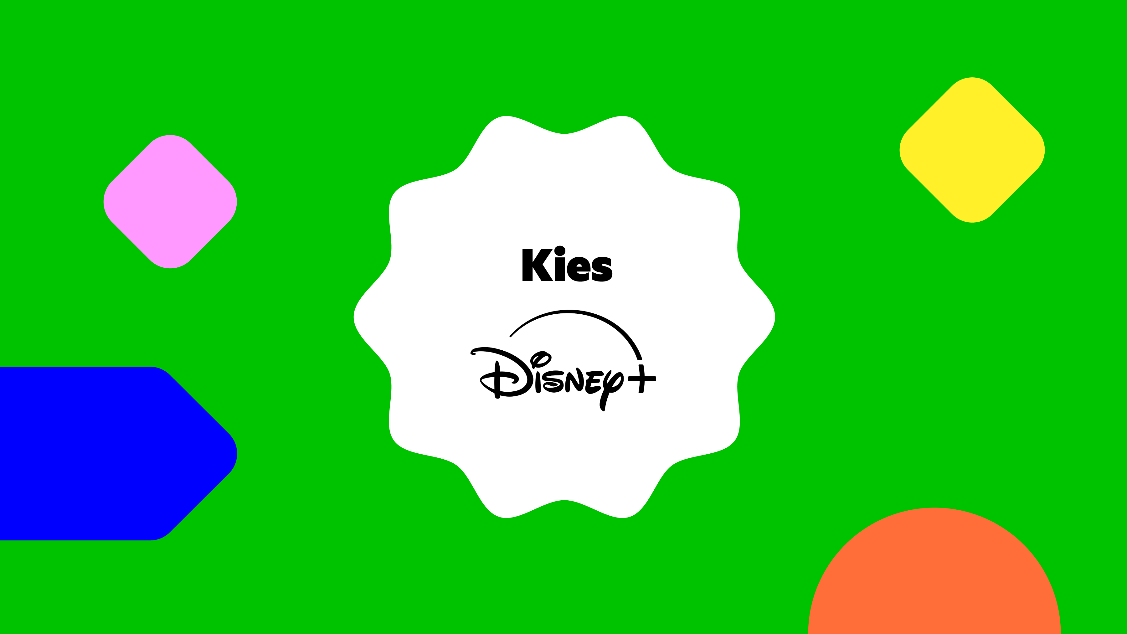 De tekst kies Disney+ op een groene achtergrond met gekleurde figuren