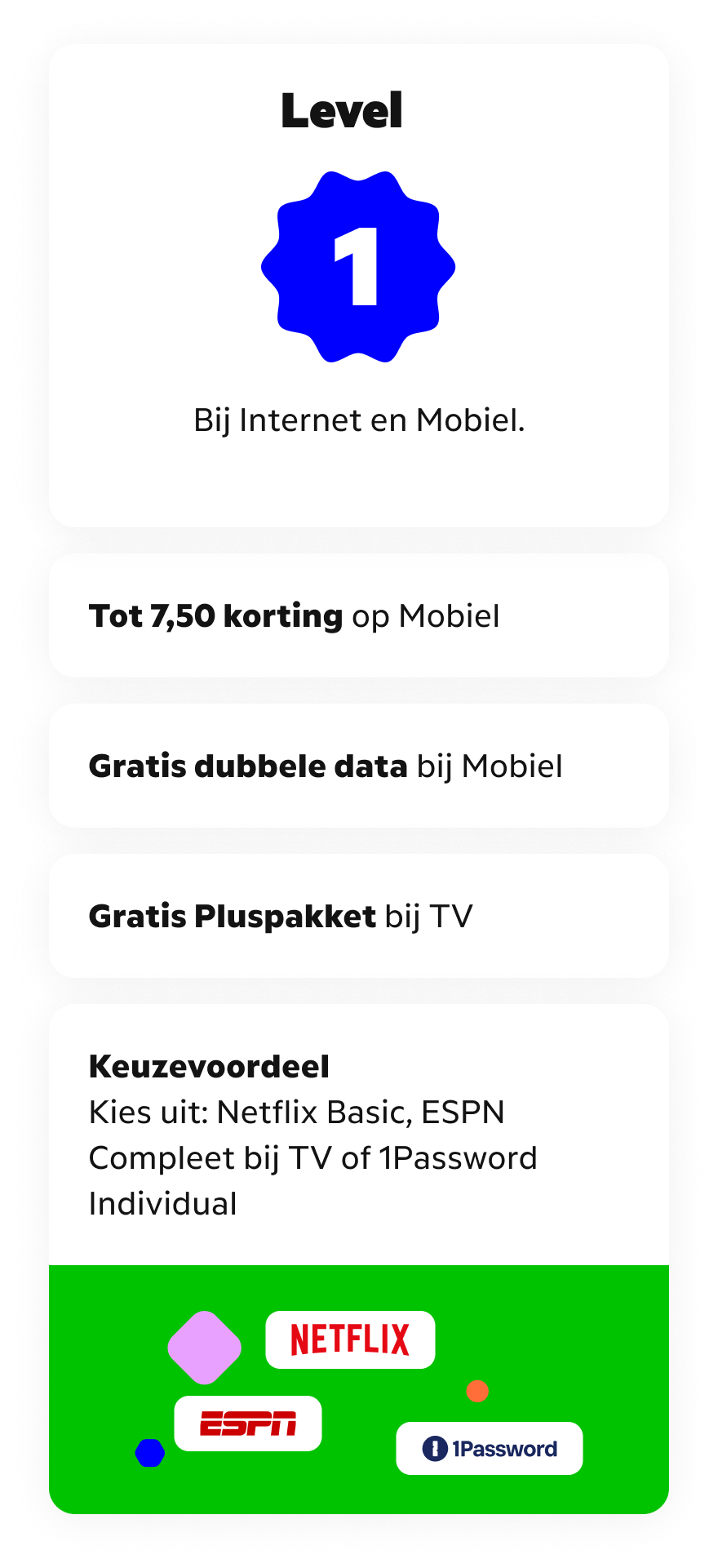 Level 1: tot €7,50 korting op mobiel, dubbele data, pluspakket TV. Kies uit Netflix Basic, ESPN Compleet of 1Password Individual