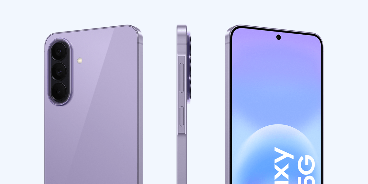 De achterkant, zijkant en voorkant van de lila Samsung Galaxy A57