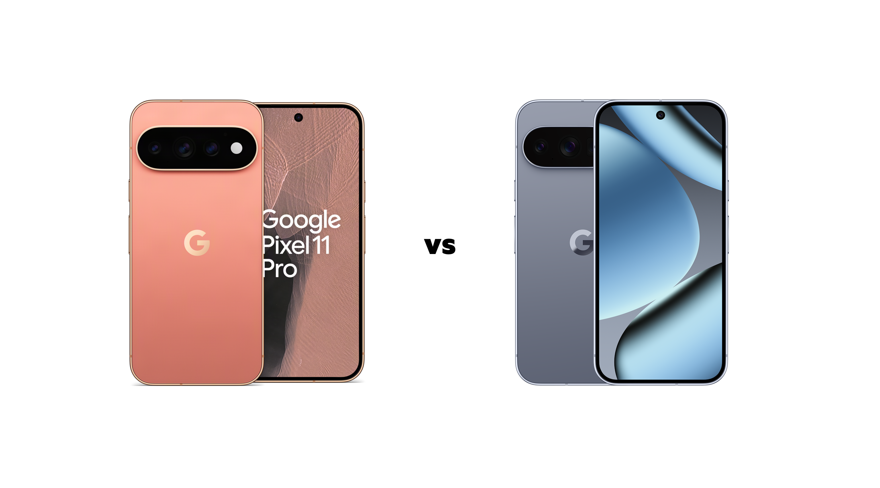 De voor en achterkant van de oranje Google Pixel 11 Pro naast de voor en achterkant van de grijze Google Pixel 10 Pro
