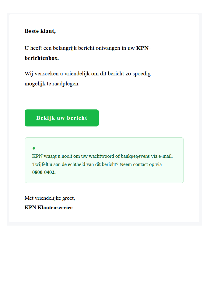 Afbeelding van phishing mail met onderwerp: " Bericht beschikbaar in uw account. "