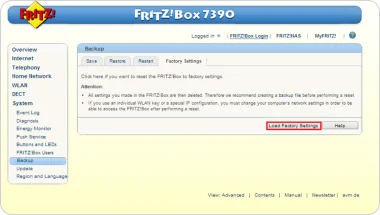FRITZ!Box resetten stap 3 Load factory settings