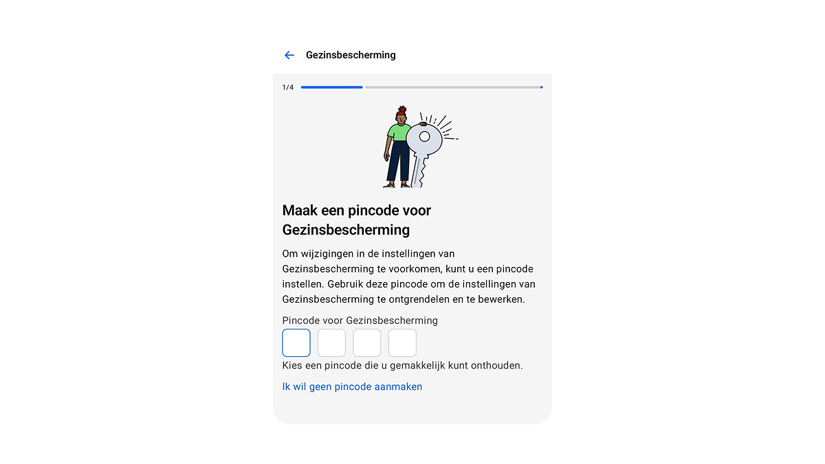 Screenshot van scherm in de f-secure app waar je een pincode voor gezinsbescherming kan instellen