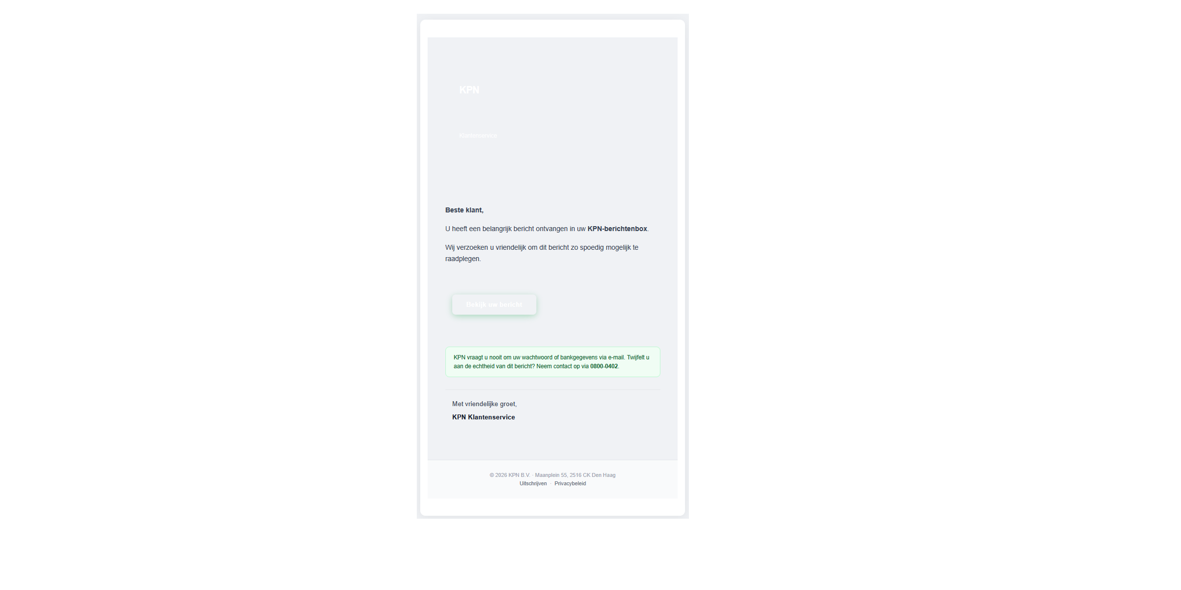 Afbeelding van phishing mail met onderwerp: Belangrijke informatie over uw KPN-diensten