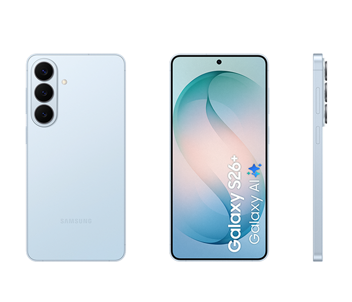 Achterkant voorkant en zijkant van de lichtblauwe Samsung Galaxy S26+