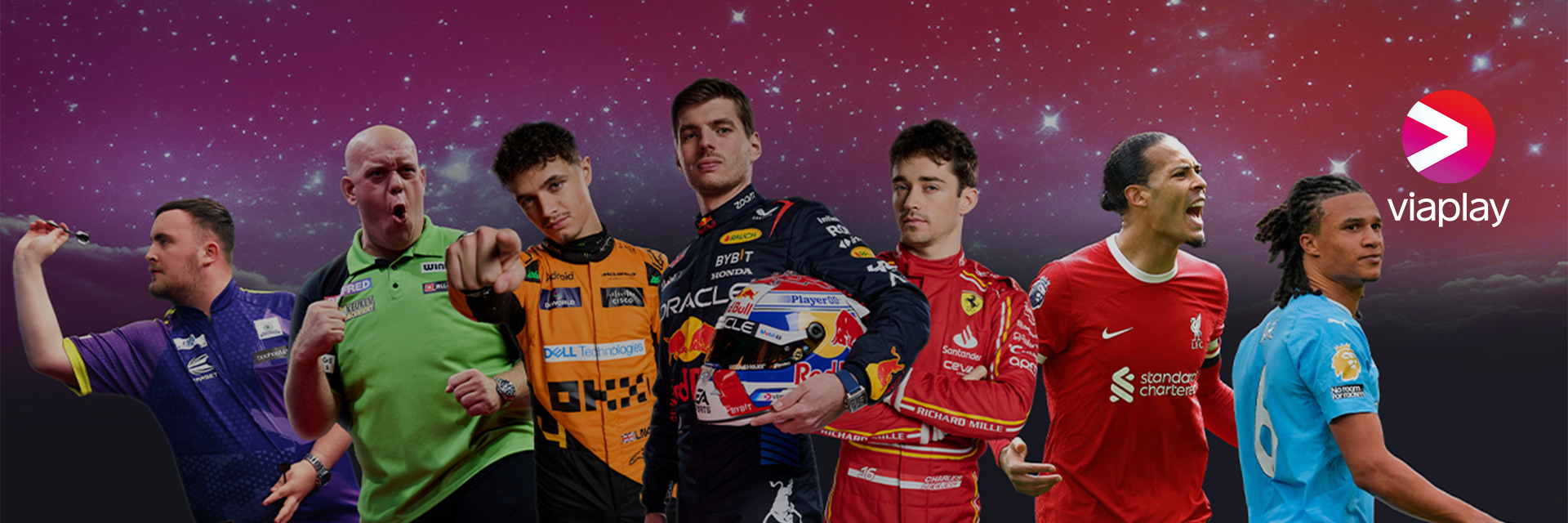 Viaplay afbeelding met topsporters van F1, voetbal en darten en het logo