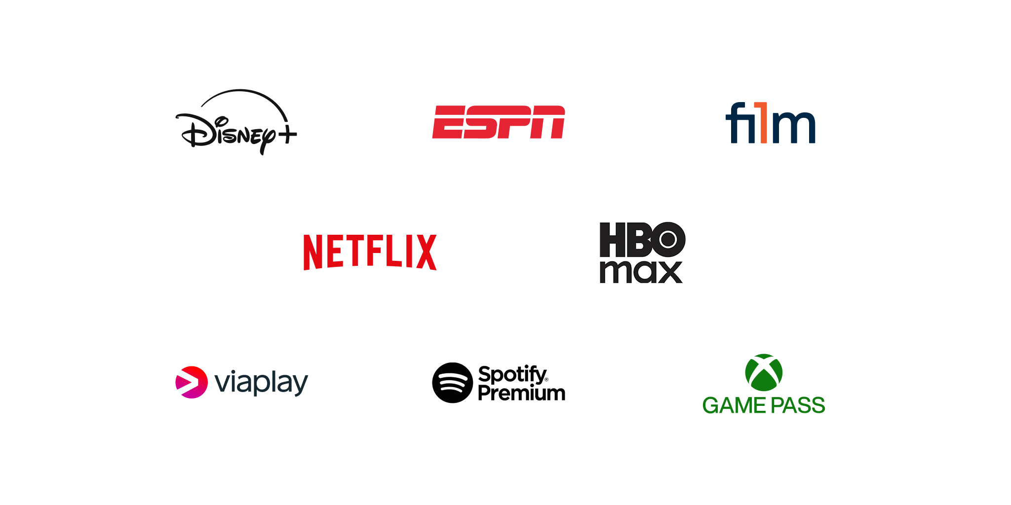 De logo's van 8 entertainment diensten: Disney+, ESPN, Film 1, Netflix, HBO Max, Viaplay, Spotify Premium en Xbox Game Pass.