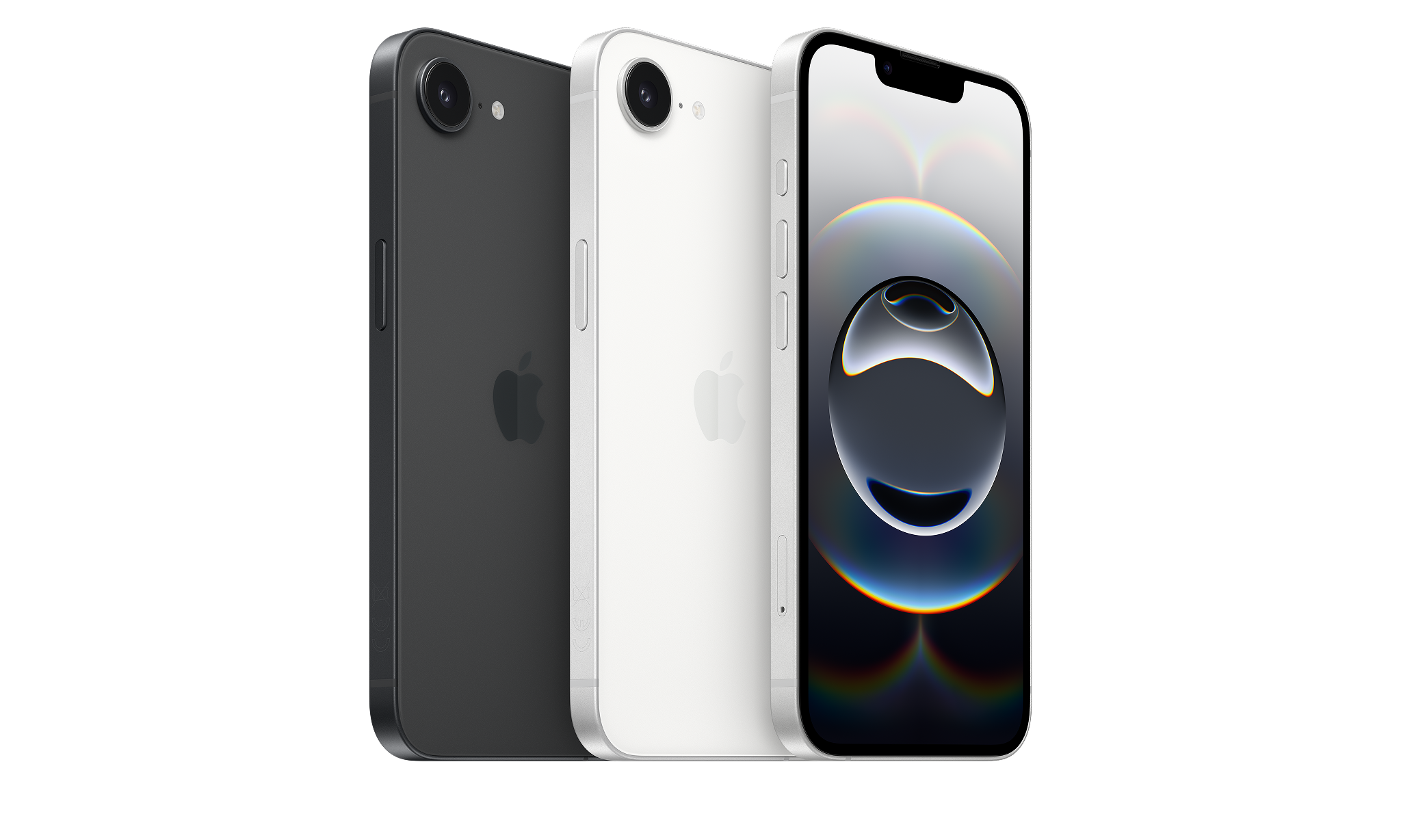 Afbeelding van drie iPhone 16e telefoons