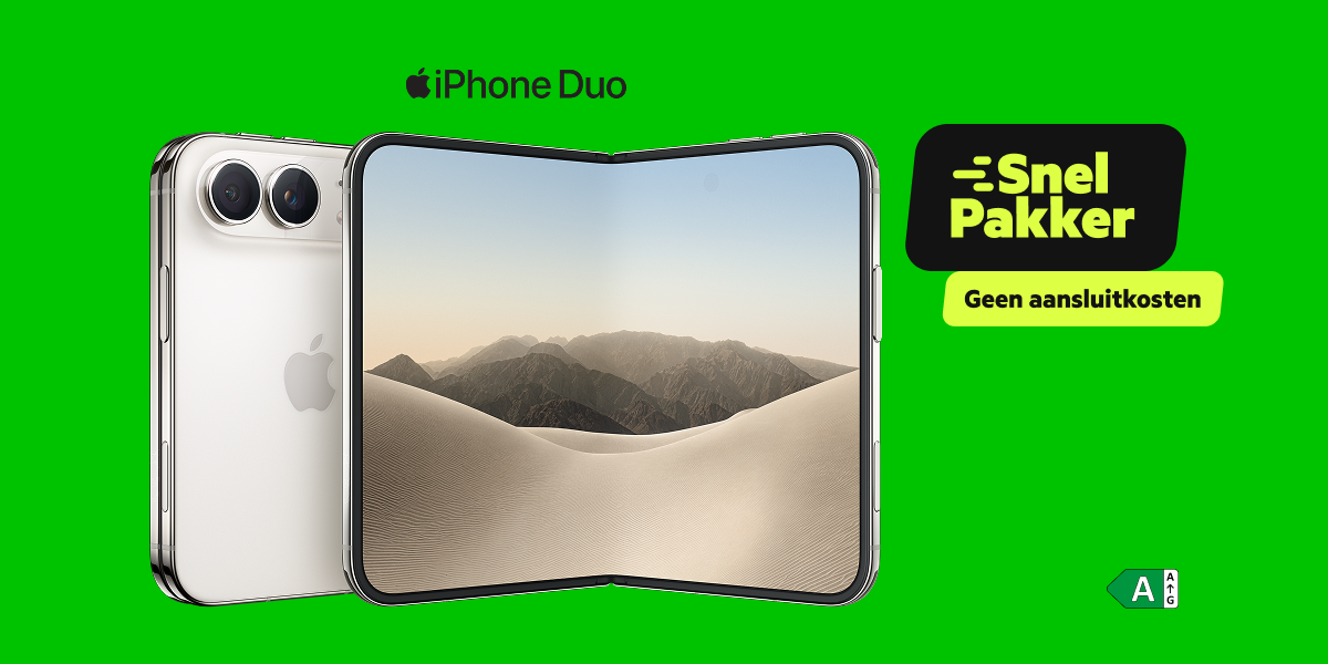 De witte iPhone Duo naast de snelpakker labels op een groene achtergrond