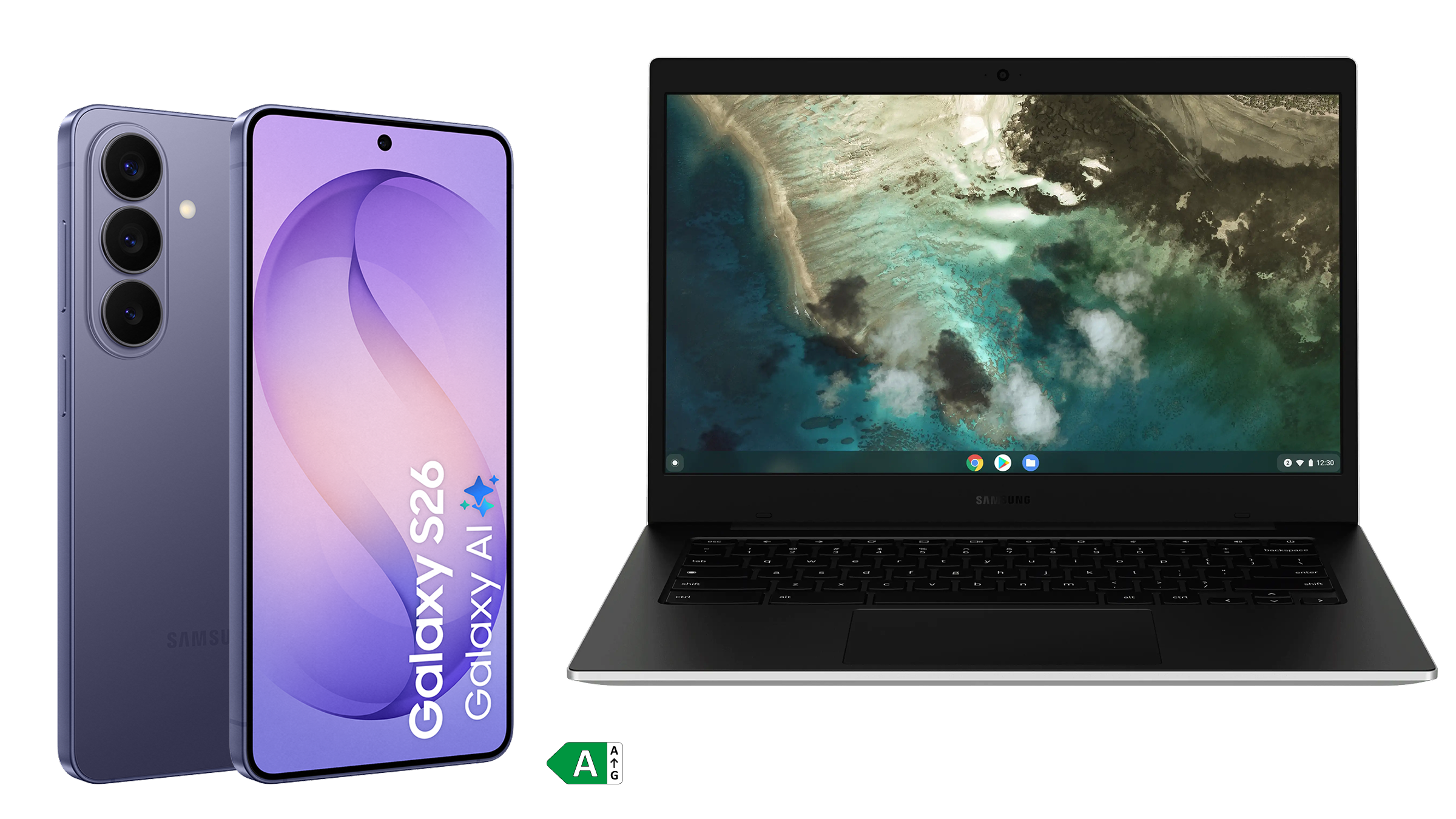 De Samsung Galaxy S26 naast de Galaxy Chromebook Go 14