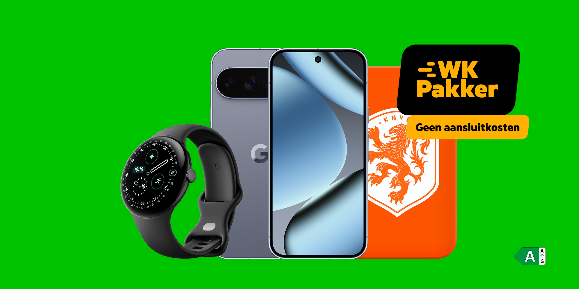 De Pixel 10 Pro met Pixel Watch 4, powerbank, de tekst "WK Pakker: Geen aansluitkosten" en energielabel A