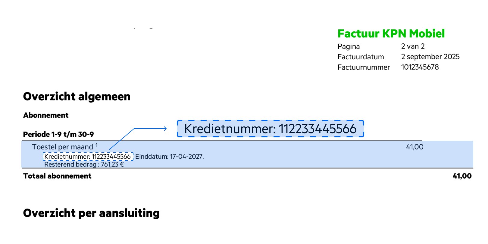 Een factuur van KPN Mobiel met uitleg waar je jouw kredietnummer kan vinden