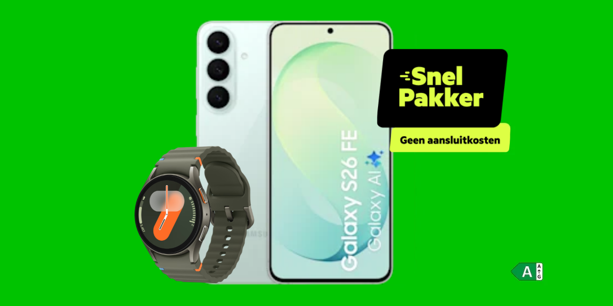 De Samsung Galaxy S26 FE met een Snelpakker sticker, een Galaxy Watch 7 LTE, geen aansluitkosten en energielabel A.