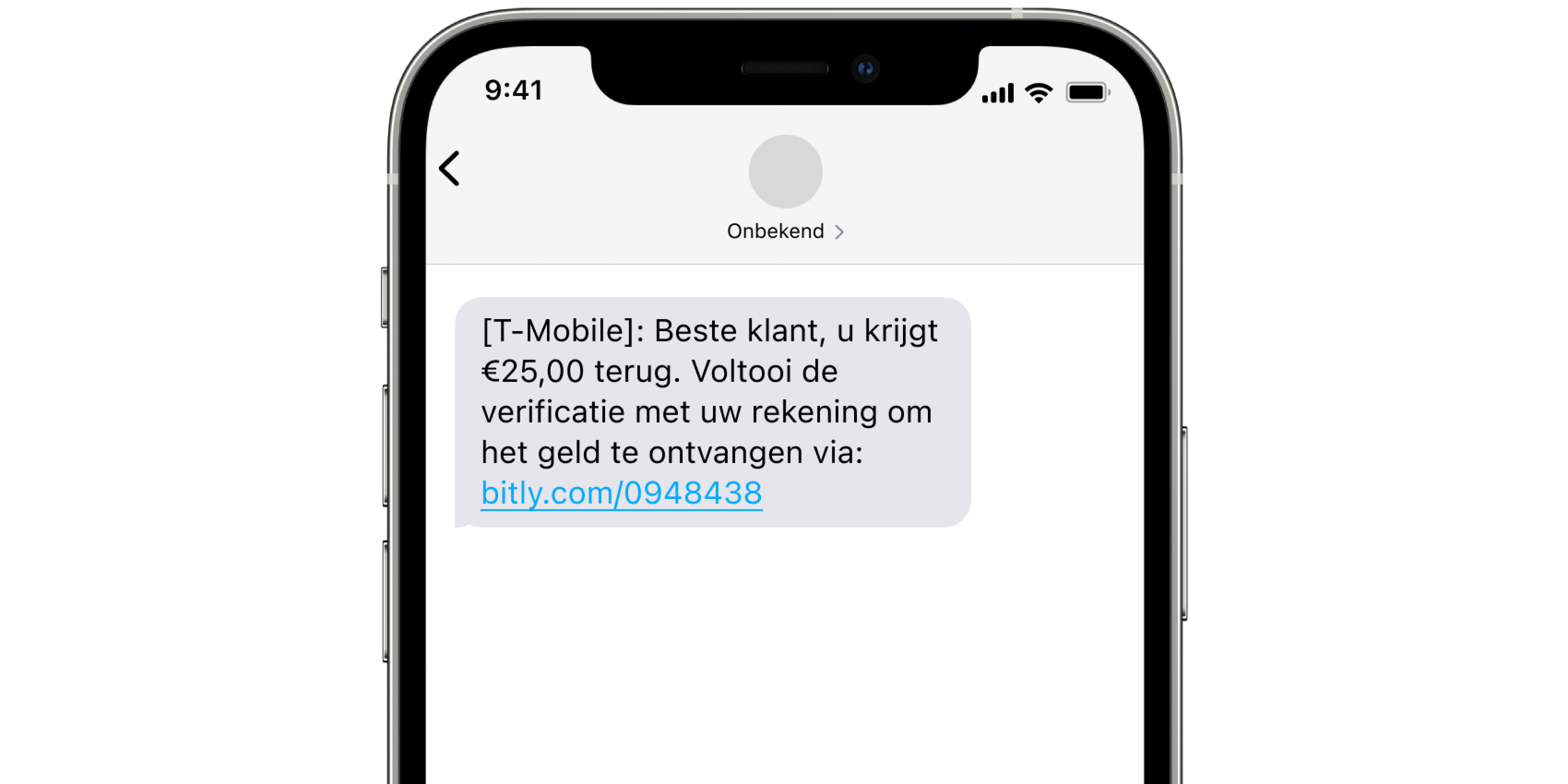 Sms beginnend met '[T-Mobile] Beste klant, u krijgt €25,00 terug' met een bitly.com-link.