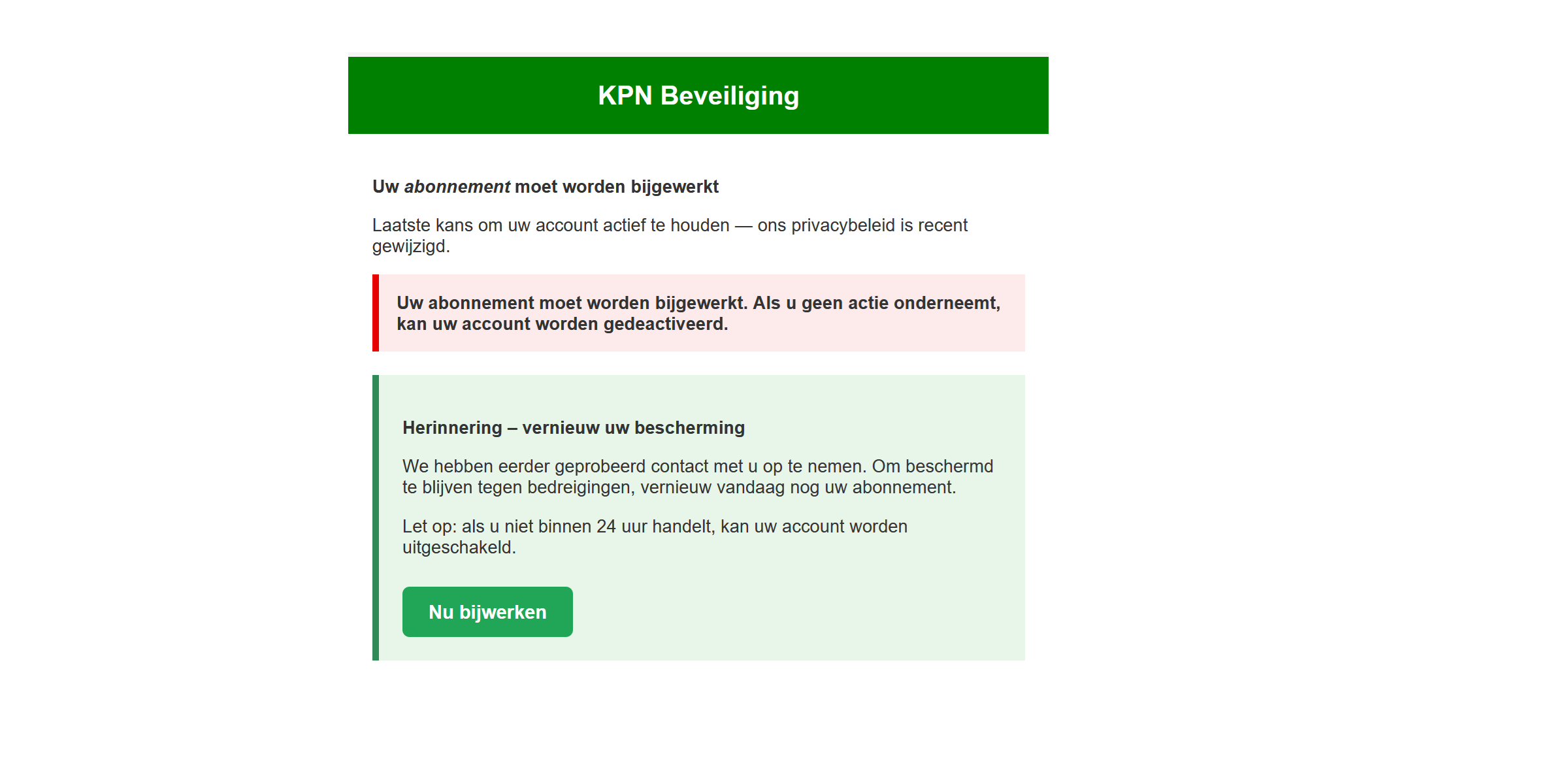 Afbeelding van phishing mail met onderwerp: "werk uw accountbescherming vandaag nog bij"