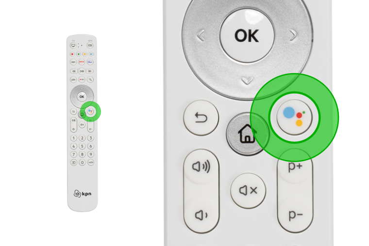 Afstandsbediening T4HU2115 met groen omcirkeld de Google Assistent-knop