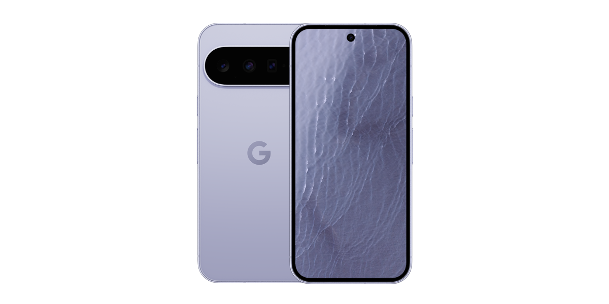 De voor en achterkant van de lichtblauwe Google Pixel 11