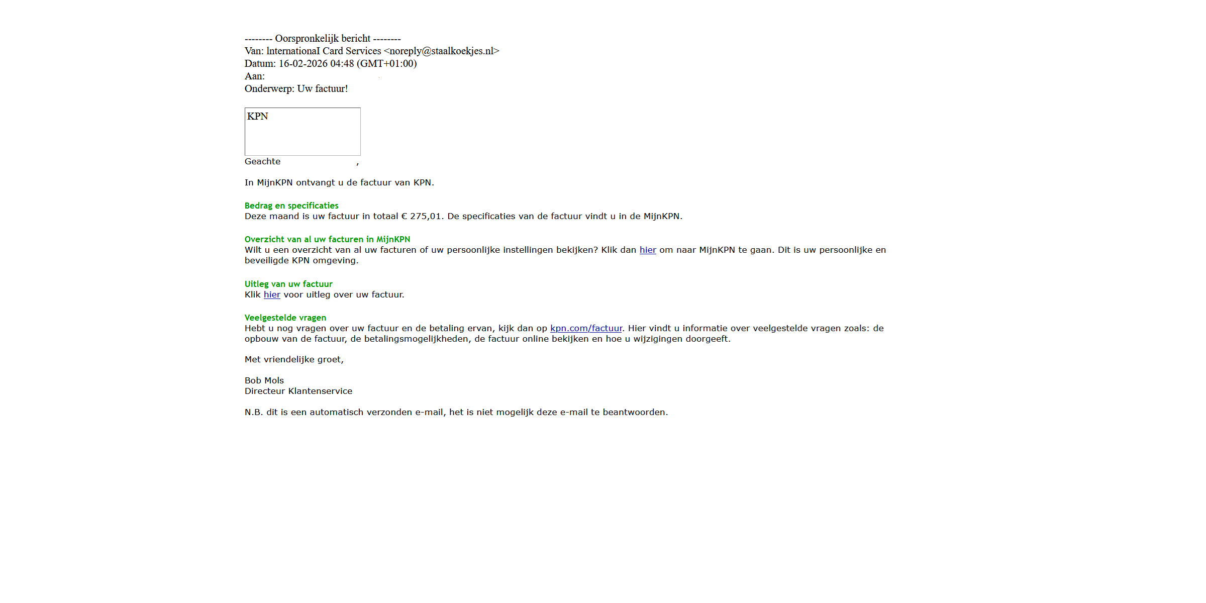 Afbeelding van Phishing mail met onderwerp "Uw Factuur!"