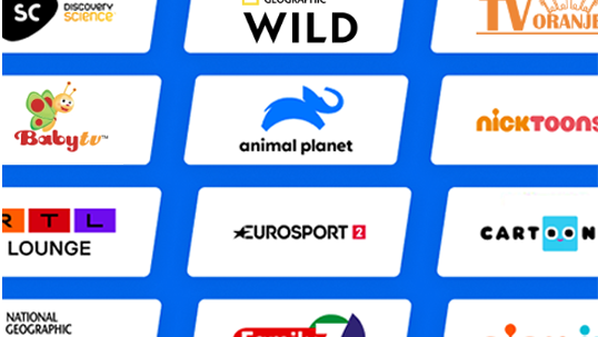 Logo's van zenders in het Pluspakket, zoals Animal Planet, Europsport, Nicktoons en 100% NL.