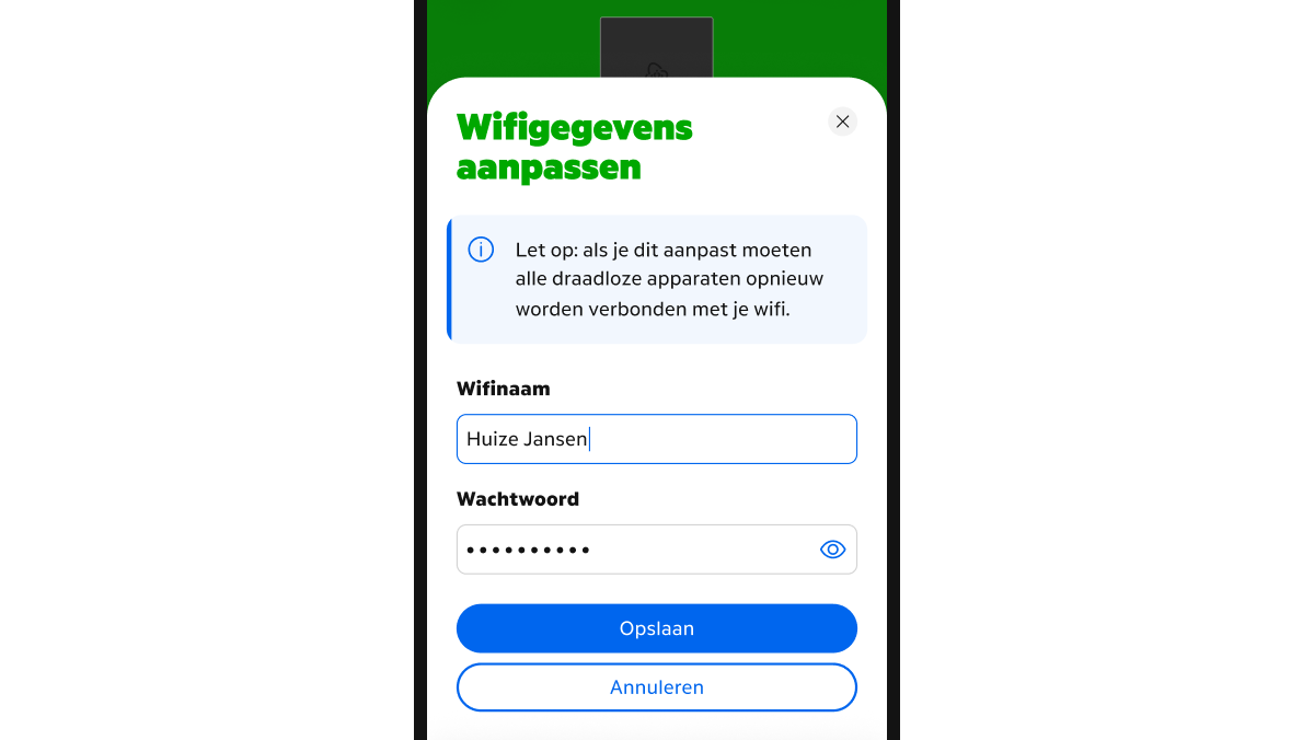 Het scherm 'Wifigegevens aanpassen' in de MijnKPN app waar je je wifinaam en -wachtwoord kan aanpassen