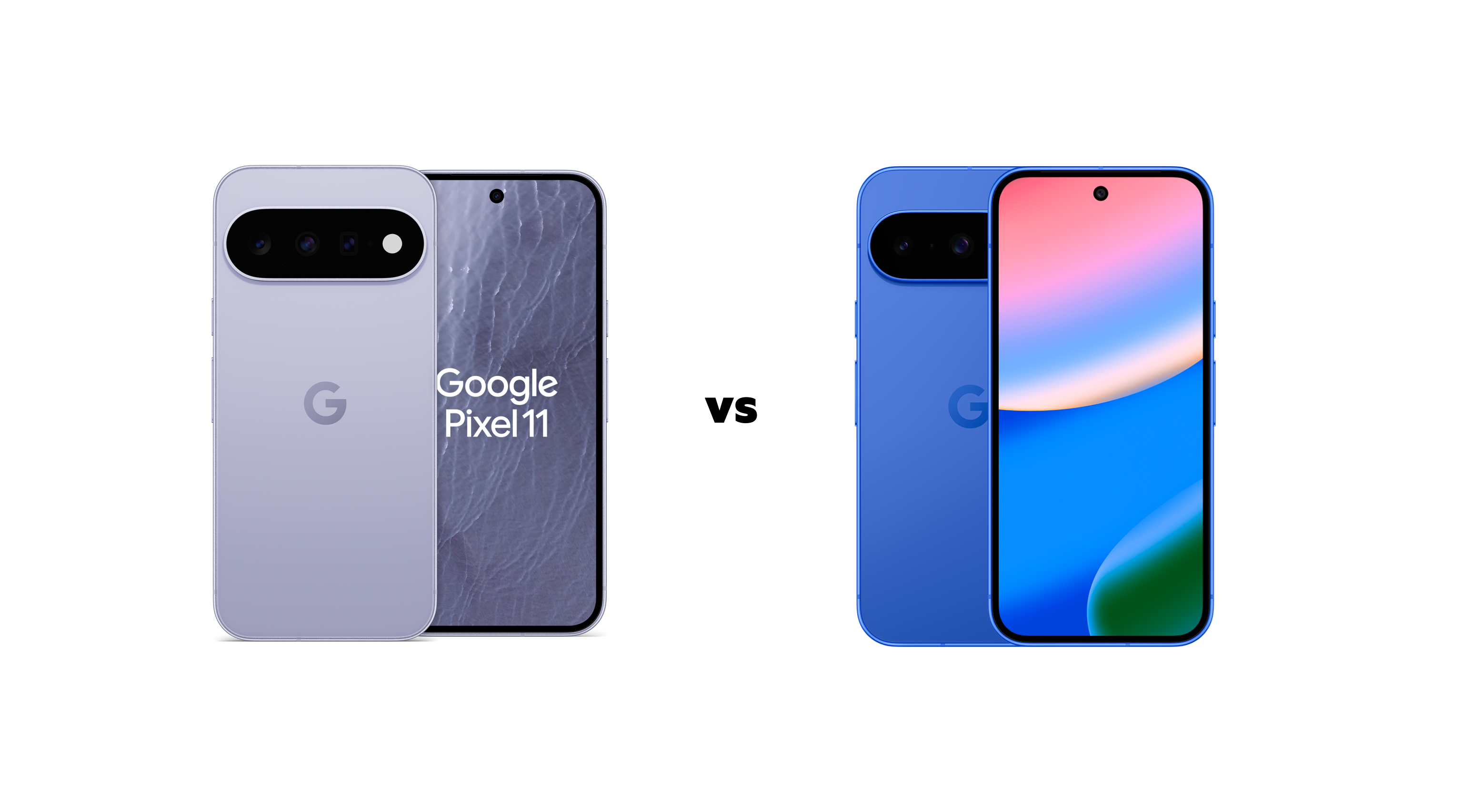 De voor en achterkant van de lichtblauwe Google Pixel 11 naast de voor en achterkant van de blauwe Google Pixel 10