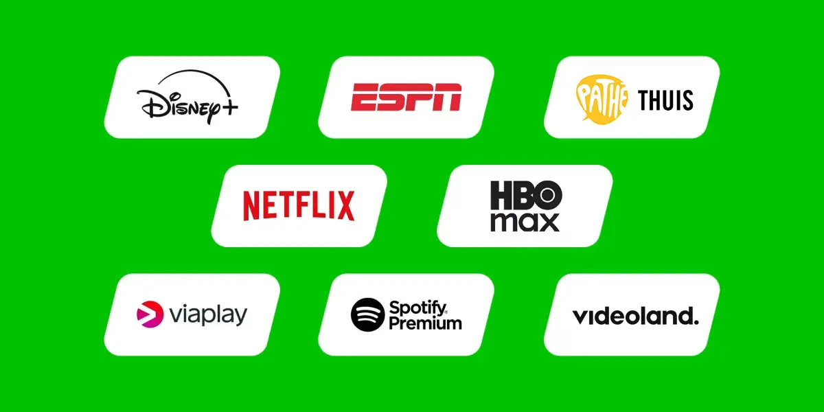 Logo's van entertainmentdiensten: Disney+, ESPN Compleet, Film1, Netflix, HBO Max, Viaplay, Spotify, Xbox Game Pass
