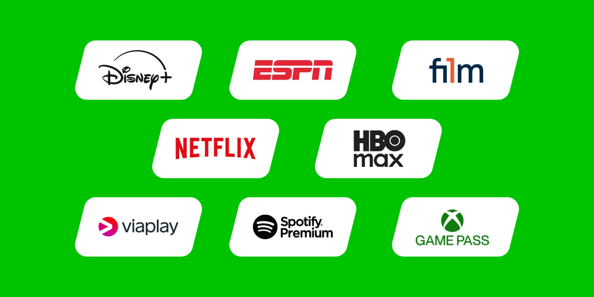 Verschillende entertainmentdiensten op een rijtje zoals Disney+, ESPN, Film1, Netflix, HBOMax, Viaplay, Spotify, Xbox Gamepass